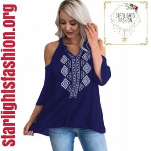 Dark Blue Embroidery Detail Cold Shoulder Top